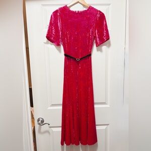 Topshop Fuchsia Red Velvet Maxi Dress with Crystal Belt